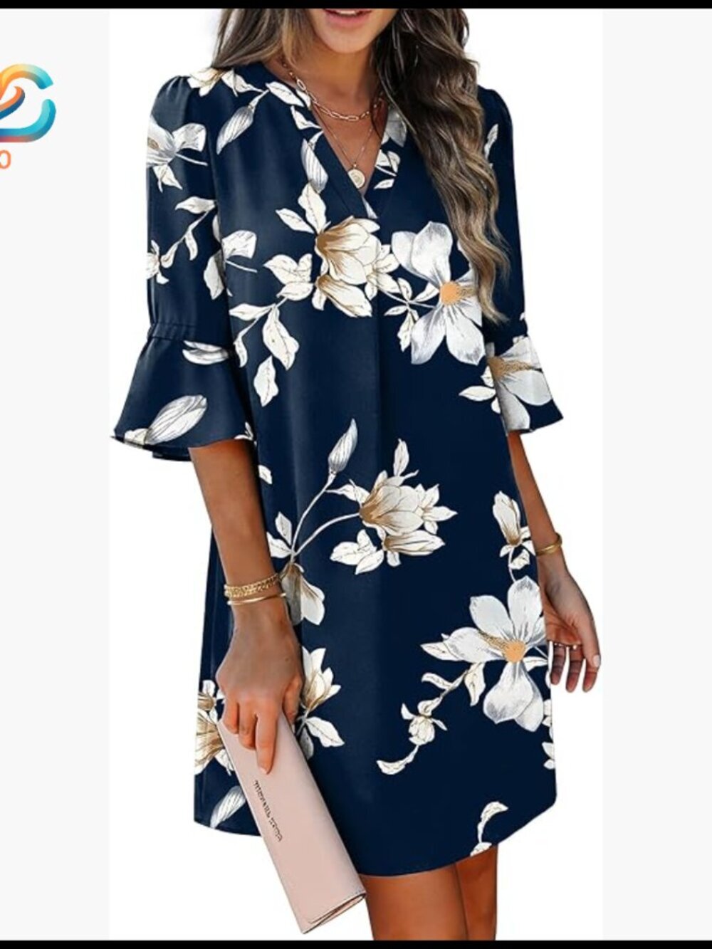 V-Neck Ruffle Sleeve Shift Dress, Loose Fit, Polyester, Office Casual Summer